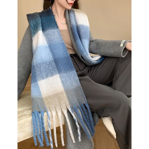 Women's Light Blue Winter Warm Long Shawl Cold Weather Thick Blanket Scarfs - Picture 3 of 4